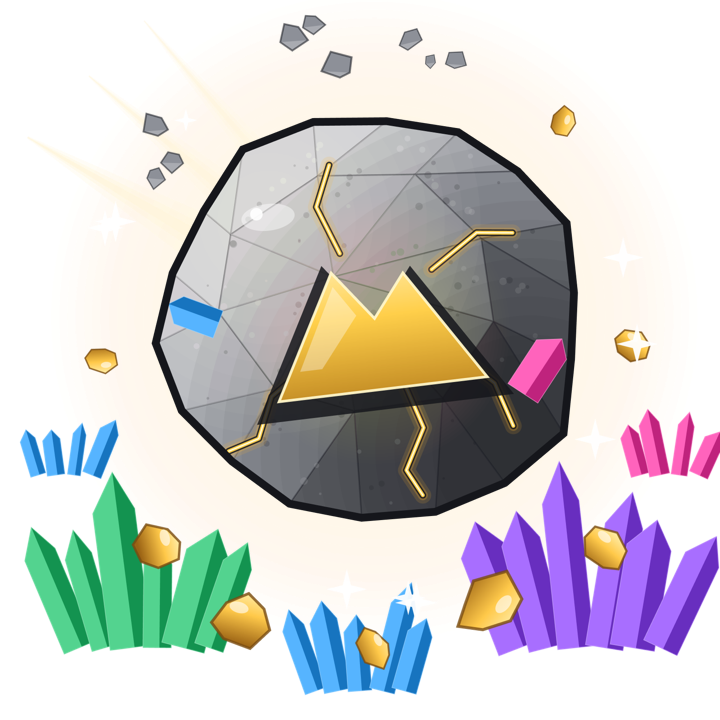 Rockfall's boulder, a grey rock with a gold mountain on its face, surrounded by crystals and gold nuggets